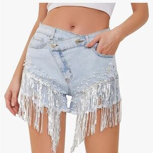 Women's High Waist Denim Short Sequin Rhinestone Pearl Beaded Fringe tassel